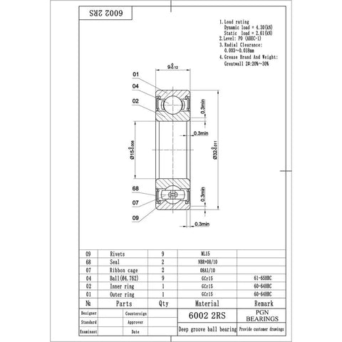 Technical drawing of 2 Pack 6002-2RS Bearing Set Tough Durable Lubricated Chrome Steel Sealed Ball Bearings 15x32x9mm with dimensions