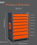Rock Solid Cold Rolled Steel Tool Storage Cabinet And Heavy Duty Workbench Featuring Rust Proof Finish For Hella Durable Hardware And Measuring Tools Organization In Your Top Shelf Garage Workspace, showing multiple drawers and size dimensions.
