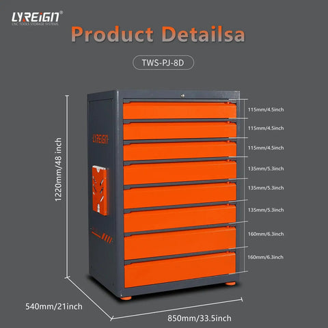 Rock Solid Cold Rolled Steel Tool Storage Cabinet And Heavy Duty Workbench Featuring Rust Proof Finish For Hella Durable Hardware And Measuring Tools Organization In Your Top Shelf Garage Workspace, showing multiple drawers and size dimensions.