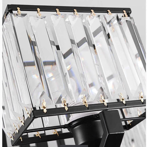 Close-up of Square Crystal Pendant Light With Solid Wrought Iron Build and Energy Saving Lamps showcasing crystal detail.