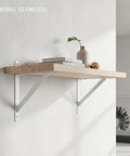 Floating shelf supported by Heavy Duty White Carbon Steel L Bracket For Floating Shelves And Wall Mounts Six Point Three Inch Height