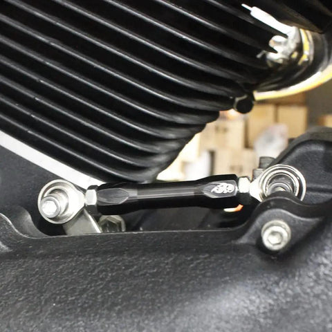 Titanium Black CNC Shifter Mid Control Linkage Rod For Harley Davidson Dyna 1984 To 2017 Ride Ready 18 Later Street Bob And Softail FXLR FXLRS FXLRST FXRST Adjustable Eye To Eye 4.0 To 5.5 Inches, black aluminum linkage installed
