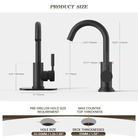 Dimensions and design of Single Hole Matte Black High Arc Stainless Steel Faucet For Kitchen Sink Bar Sink And Bathroom Sink With 4 Inch Deck Plate And Supply Hoses No Fuss Install 360 Degree Swivel Durable Finish