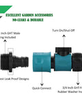 Easy Snap Quick Connect Kit For Garden Hoses With Three Quarter Inch Male And Female Plastic Fittings With Shutoff Valve Water Stop And Lock Hassle Free Attachments For Sprinklers Nozzles And Spigots Five Sets Ten Pieces showing connectors and shut-off feature