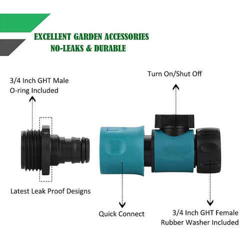 Easy Snap Quick Connect Kit For Garden Hoses With Three Quarter Inch Male And Female Plastic Fittings With Shutoff Valve Water Stop And Lock Hassle Free Attachments For Sprinklers Nozzles And Spigots Five Sets Ten Pieces showing connectors and shut-off feature