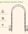 Illustration of an 8 foot metal garden arch trellis with planter boxes for climbing plants, highlighted features and benefits.