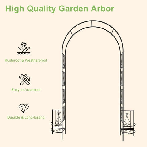 Illustration of an 8 foot metal garden arch trellis with planter boxes for climbing plants, highlighted features and benefits.