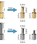 Sixteen Sets Brass And Stainless Steel Bracket Bolt Fasteners For Knife Making Include Screws And Studs Knife Handle Pins Rivets And Tactical Lock Hardware 6 mm Head Diameter The Go To DIY Knifemaking Kit showing dimensions and materials of 16 fasteners.