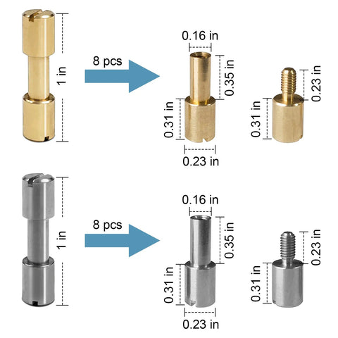 Sixteen Sets Brass And Stainless Steel Bracket Bolt Fasteners For Knife Making Include Screws And Studs Knife Handle Pins Rivets And Tactical Lock Hardware 6 mm Head Diameter The Go To DIY Knifemaking Kit showing dimensions and materials of 16 fasteners.