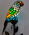 Small Tiffany Parrot Lamp Handmade Colorful Stained Glass Birds Coffee Table Lamp 19.5 Inches Tall Vintage Leaf Accent Desk Night Light