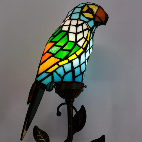 Small Tiffany Parrot Lamp Handmade Colorful Stained Glass Birds Coffee Table Lamp 19.5 Inches Tall Vintage Leaf Accent Desk Night Light