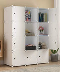 Massive 42 Inch Wide Cube Storage Organizer With Doors for Home or Dorm shown assembled with items, white cabinets open and closed.