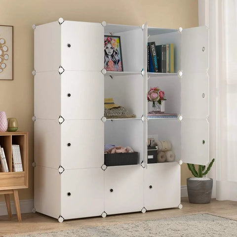 Massive 42 Inch Wide Cube Storage Organizer With Doors for Home or Dorm shown assembled with items, white cabinets open and closed.