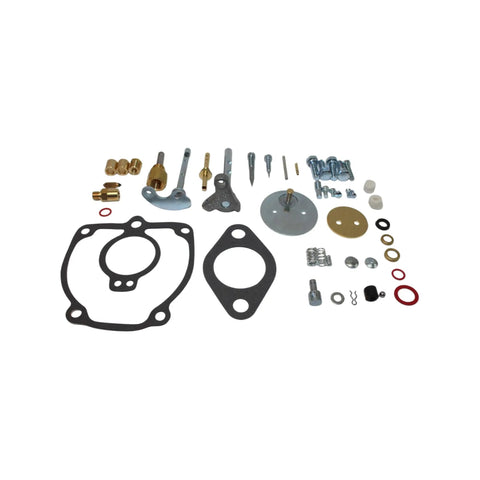 Beefed Up Carburetor Repair Kit For 656 706 756 Tractor with gaskets, shafts, and small components layout.