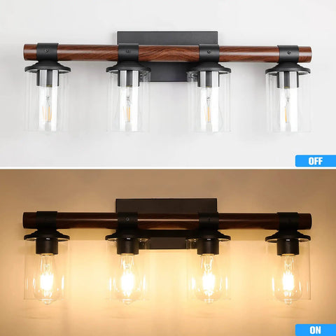 4 Light Farmhouse Vanity Light Fixture With Antique Wood Style Pole And Clear Glass Shades for over mirror, wall lighting