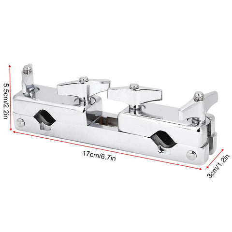 Heavy Duty Drum Set Clamp Holder For Cowbell Bracket With 12cm Rod, silver iron mount for percussion setup, dimensions shown