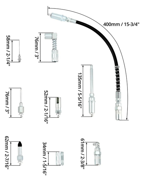 Nine Piece Grease Gun Tip Set With Universal Couplers For All Grease Lubrication Jobs Includes 15.5 Inch Flexible Hose 90 Degree Angled Coupler Needles Seals And Quick Connect Fittings in diagram view