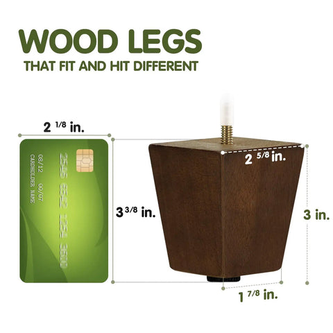 3 Inch Square Wood Furniture Legs Set Of 4 With Levelers, Adjustable Tapered Replacement Feet Brown Walnut Solid Wood Finish shown with card for size comparison