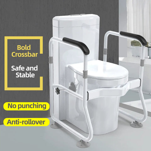 Ultimate Toilet Safety Rail With Padded Arms over a white toilet with black handrails, adjustable height, no-slip grip