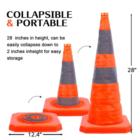 Four Pack 28 Inch Collapsible Traffic Cones With LED Light Reflective Collars displaying collapsible and portable design