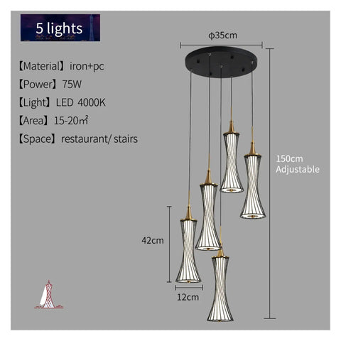 Modern Black Creative Pendant Lamp Pretty Waist LED Light for Duplex Living Room Staircase Loft Restaurant (Colour: 1Light Size: Neutrallight4000K) (5lights Neutrallight4000K) dimensions and specifications