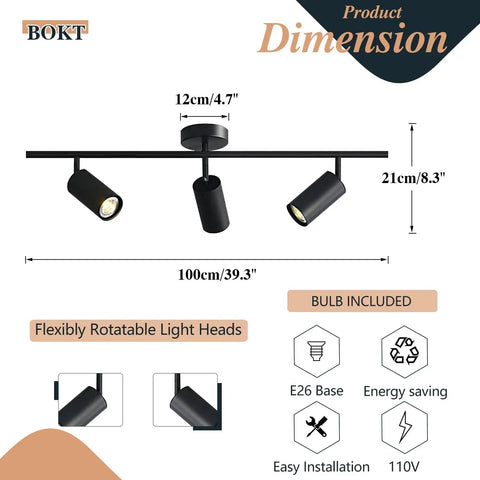 Modern Dope Matte Black 3 Light Adjustable LED Track Lighting Kit With Industrial 3 Way Flush Mount Ceiling Spotlights size details