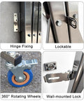 Close-up of Wheeled Expandable Double Safety Gate Heavy Duty Stainless Steel features like lockable hinge fixing and 360° rotating wheels.