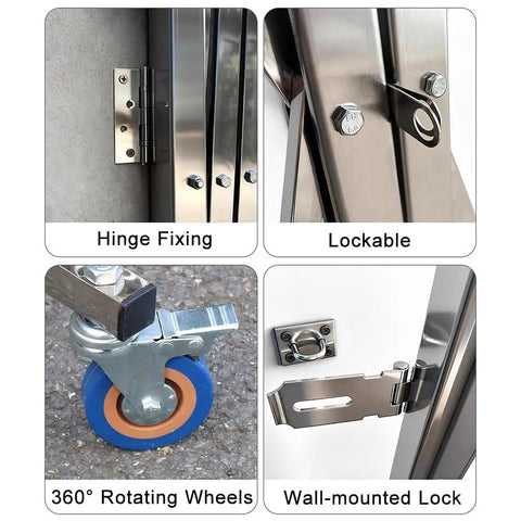 Close-up of Wheeled Expandable Double Safety Gate Heavy Duty Stainless Steel features like lockable hinge fixing and 360° rotating wheels.