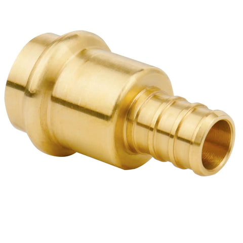 Close-up of a single brass fitting from the 12 Pack One Half Inch Pro Press Fittings for PEX Adapter Copper to PEX B Pipe Lead Free Brass Crimp Couplings.