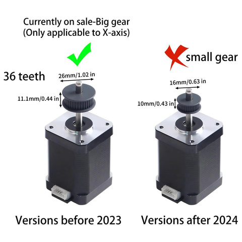 Front view of two NEMA 17 stepper motors with belt pulleys; left 36-tooth gear, right 16mm pulley.