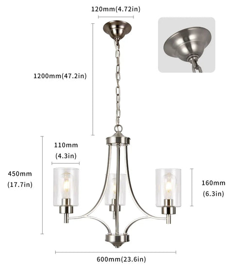 Dimensions of Dope 3 Light Modern Chandelier In Brushed Nickel With Clear Glass Shades showing height and diameter sizes