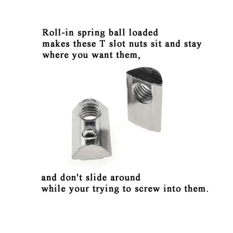 Pack Of Twelve Heavy Duty M8 T Slot Nuts featuring super grippy spring ball loaded heads, allowing secure mounting for aluminum extrusions.