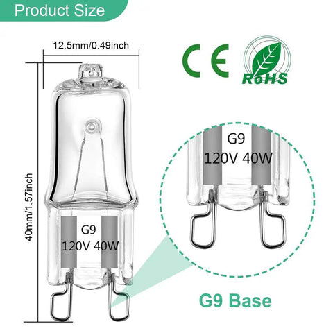 G9 Bulb 12 Pack Bi Pin 120V 40W Halogen Light Bulbs JC Type dimensions and G9 base illustration