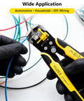 Hands using the Three In One Wire Stripper Cutter And Crimper Kit With Auto Self Adjusting Mechanism for wiring.