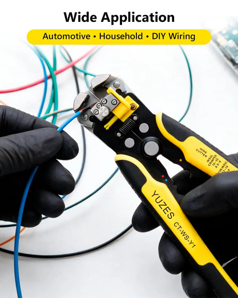 Hands using the Three In One Wire Stripper Cutter And Crimper Kit With Auto Self Adjusting Mechanism for wiring.