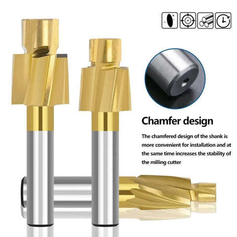 Pilot slotting tool bit counterbore end mill, gold-colored HSS milling cutter with chamfered shank (set of two).