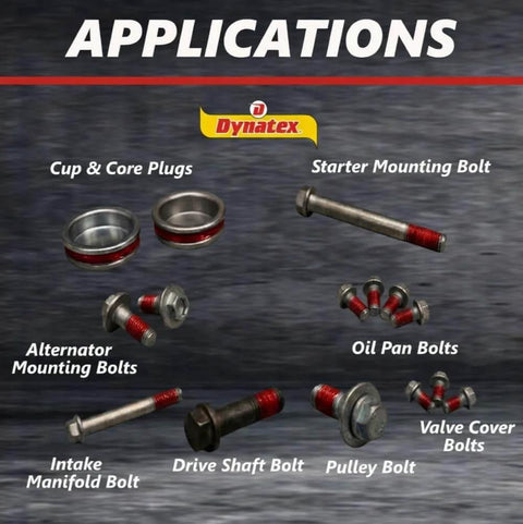 Image showing various automotive bolts sealed with red high-strength threadlocker gel, including cup, core, and mounting bolts.