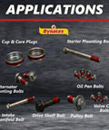 Image showing applications of Red High Strength Gel Threadlocker For Large Fasteners, Permanent Lock, Anaerobic Adhesive with various bolts and plugs.