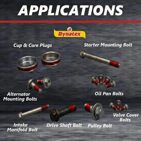 Image showing applications of Red High Strength Gel Threadlocker For Large Fasteners, Permanent Lock, Anaerobic Adhesive with various bolts and plugs.