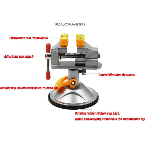 Compact Mini Suction Vise Clamp With 360 Degree Rotation And Portable Suction Base for DIY, showing design features.