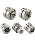 Five stainless steel 360° rotating disc damping hinges with mounting holes.