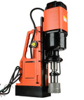 Heavy Duty Mag Drill Press For Metal Core Drilling with black and orange design, showcasing robust magnetic base and drill bit.