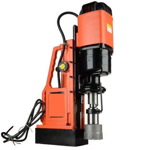 Heavy Duty Mag Drill Press For Metal Core Drilling with black and orange design, showcasing robust magnetic base and drill bit.