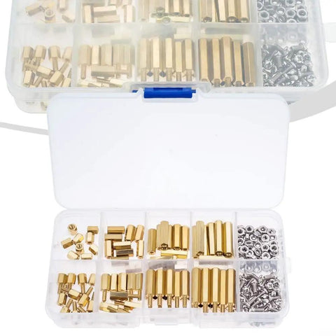 All In One M2.5 Brass Standoff Kit With 180 Pieces Including Hex Spacers Screws And Nuts, Male And Female Threaded Standoffs With Storage Box For Electronics Motherboard PCB Repair Projects, open box view