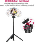 Two In One Mini Tripod Selfie Stick For iPhone And Camera Mount showing 360 degree ball head rotation for flexible shooting angles