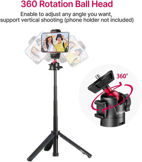 Two In One Mini Tripod Selfie Stick For iPhone And Camera Mount showing 360 degree ball head rotation for flexible shooting angles