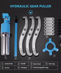 Heavy Duty Hydraulic Bearing Puller And Gear Extractor With 50 Ton Capacity components including claws, pump body, and accessories.