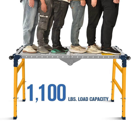 People standing on Beefy 2 In 1 Welding Table And Metal Work Bench With Casters showcasing 1100 lbs load capacity