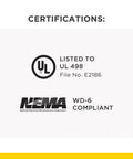Certification details for Heavy Duty Screwless Duplex Receptacles 15A 125V, UL listed and NEMA compliant.