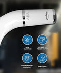 Close-up of Ultra Slim Self Cleaning Toilet Bidet Attachment showing nozzle details and benefits icons on dark background.